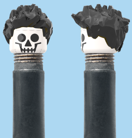 `A NEW ITEM  -  Brick Caps - Schrader Valve - 1 Face Head (SKULL) with a Fully Styled Black Hairdo