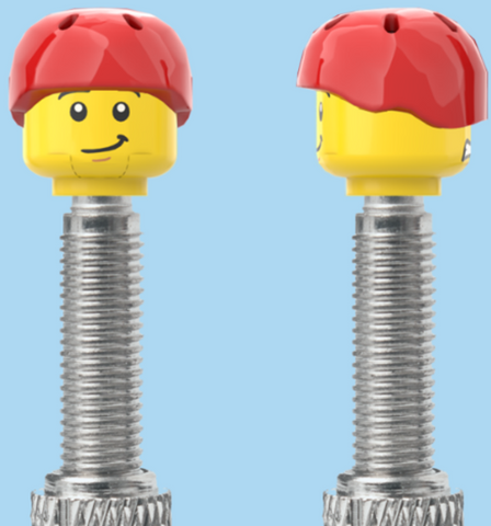 `A NEW ITEM  -  Brick Caps - Presta Valve - 2 Face Head (Worried Look & Half Smile) with a Red Helmet