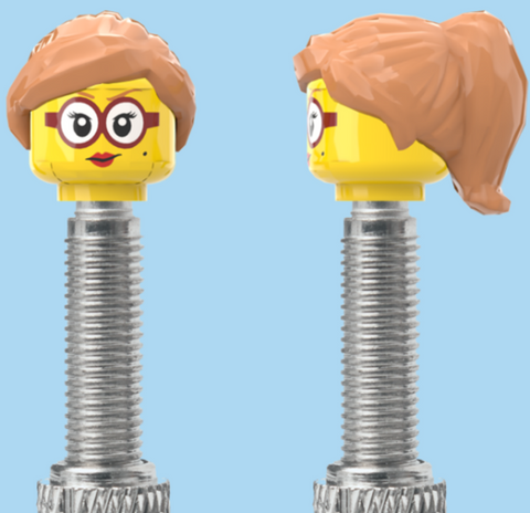 `A NEW ITEM  -  Brick Caps - Presta Valve - 1 Face Head (Red Lipstick & Glasses) with a Tan Half Pony Hairdo