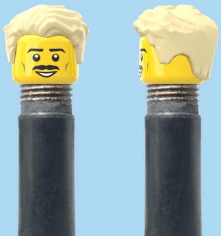 `A NEW ITEM  -  Brick Caps - Schrader Valve - 1 Face Head (Moustache Smile) with a Styled Blonde Hairdo