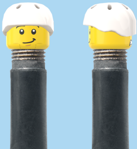 `A NEW ITEM  -  Brick Caps - Schrader Valve - 2 Face Head (Worried Look & Half Smile) with a Helmet White
