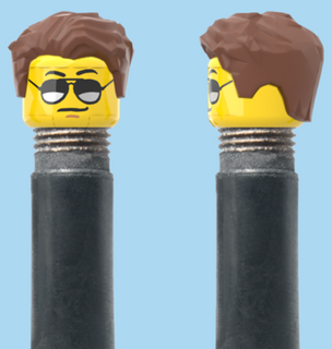 `A NEW ITEM  -  Brick Caps - Schrader Valve - 1 Face Head (Moustache with Sunglasses) with a Styled Brown Hairdo