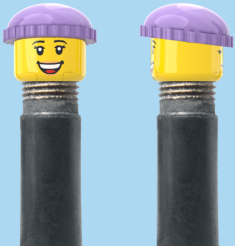 `A NEW ITEM  -  Brick Caps - Schrader Valve - 2 Face Head with Freckles & Lipstick (Open Mouth Smile & Closed Eye Smile) with a Purple Beanie