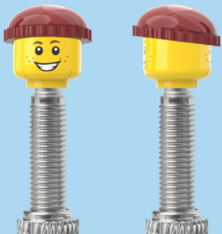 `A NEW ITEM  -  Brick Caps - Presta Valve - 2 Face Head (Freckles Smile & Freckles Worried Look) with a Brown Beanie