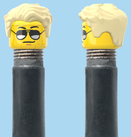 `A NEW ITEM  -  Brick Caps - Schrader Valve - 1 Face Head (Moustache with Sunglasses) with a Styled Blonde Hairdo