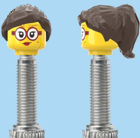 `A NEW ITEM  -  Brick Caps - Presta Valve - 1 Face Head (Red Lipstick & Glasses) with a Black Half Pony Hairdo