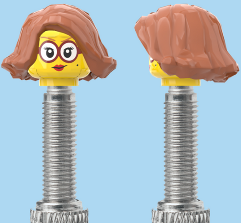 `A NEW ITEM  -  Brick Caps - Presta Valve - 1 Face Head (Red Lipstick & Glasses) with a Brown Bob Cut Hairdo