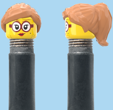 `A NEW ITEM  -  Brick Caps - Schrader Valve - 1 Face Head (Red Lipstick & Glasses) with a Tan Half Pony Hairdo