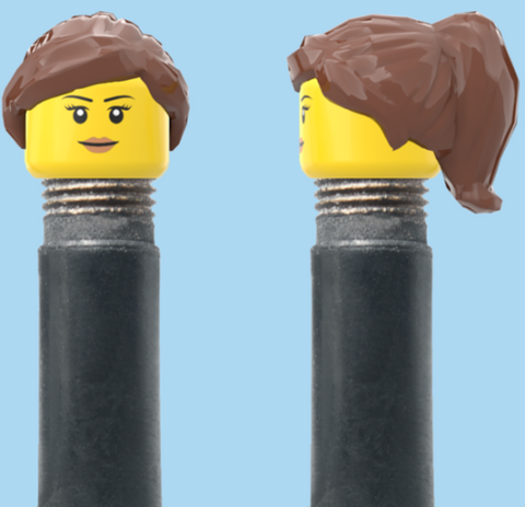 `A NEW ITEM  -  Brick Caps - Schrader Valve - 1 Face Head (Simple Smile, Eyelashes & Lipstick) with a Brown Half Pony Hairdo