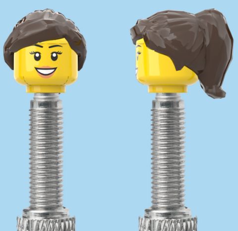 `A NEW ITEM  -  Brick Caps - Presta Valve - 1 Face Head (Teeth Smile, Eyelashes & Lipstick) with a Black Half Pony Hairdo