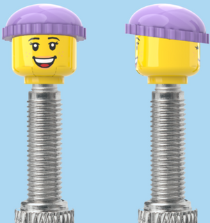 `A NEW ITEM  -  Brick Caps - Presta Valve - 2 Face Head with Freckles & Lipstick (Open Mouth Smile & Closed Eye Smile) with a Purple Beanie