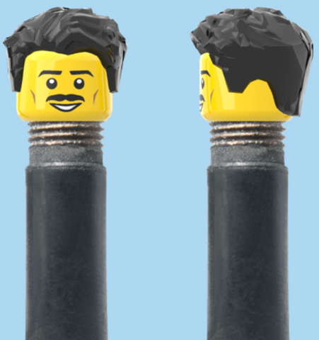 `A NEW ITEM  -  Brick Caps - Schrader Valve - 1 Face Head (Moustache Smile) with a Styled Black Hairdo