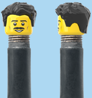 `A NEW ITEM  -  Brick Caps - Schrader Valve - 1 Face Head (Moustache Smile) with a Styled Black Hairdo
