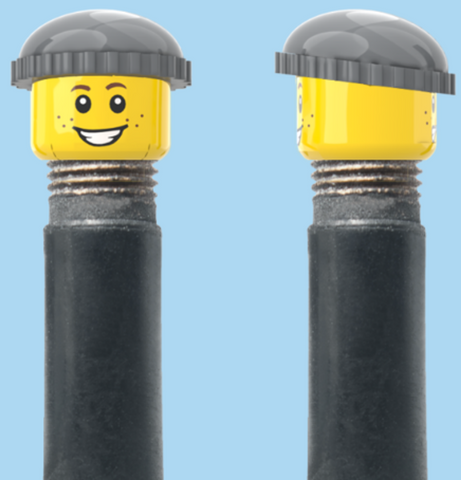 `A NEW ITEM  -  Brick Caps - Schrader Valve - 2 Face Head (Freckles Smile & Freckles Worried Look) with a Grey Beanie