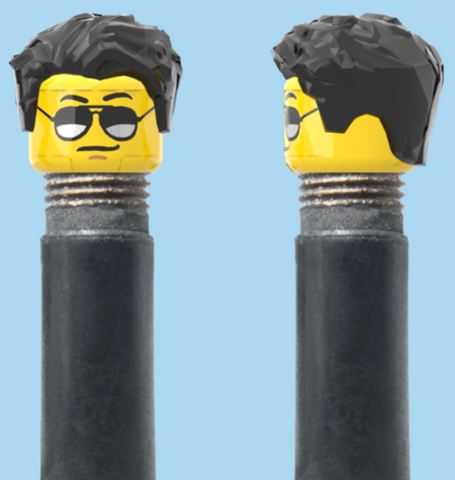 `A NEW ITEM  -  Brick Caps - Schrader Valve - 1 Face Head (Moustache with Sunglasses) with a Styled Black Hairdo