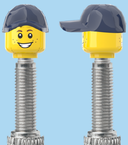 `A NEW ITEM  -  Brick Caps - Presta Valve - 2 Face Head (Freckles Smile & Freckles Worried Look) with a Blue Cap