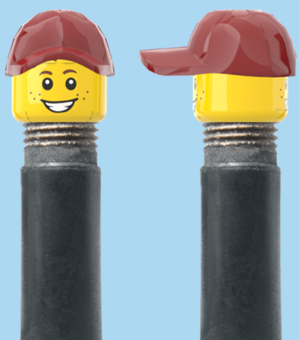 `A NEW ITEM  -  Brick Caps - Schrader Valve - 2 Face Head (Freckles Smile & Freckles Worried Look) with a Red Cap