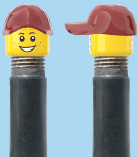 `A NEW ITEM  -  Brick Caps - Schrader Valve - 2 Face Head (Freckles Smile & Freckles Worried Look) with a Red Cap