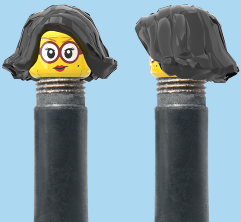 `A NEW ITEM  -  Brick Caps - Schrader Valve - 1 Face Head (Red Lipstick & Glasses) with a Black Bob Cut Hairdo