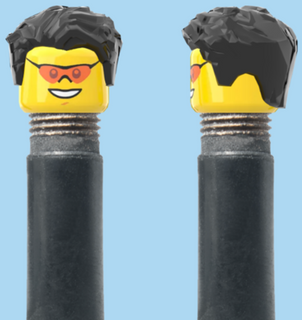 `A NEW ITEM  -  Brick Caps - Schrader Valve - 1 Face Head (Coloured Sunglasses with a Smile) with a Styled Black Hairdo