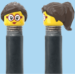 `A NEW ITEM  -  Brick Caps - Schrader Valve - 1 Face Head (Red Lipstick & Glasses) with a Black Half Pony Hairdo