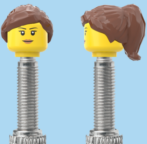 `A NEW ITEM  -  Brick Caps - Presta Valve - 1 Face Head (Simple Smile, Eyelashes & Lipstick) with a Brown Half Pony Hairdo
