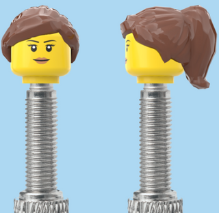 `A NEW ITEM  -  Brick Caps - Presta Valve - 1 Face Head (Simple Smile, Eyelashes & Lipstick) with a Brown Half Pony Hairdo
