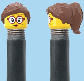 `A NEW ITEM  -  Brick Caps - Schrader Valve - 1 Face Head (Red Lipstick & Glasses) with a Brown Half Pony Hairdo