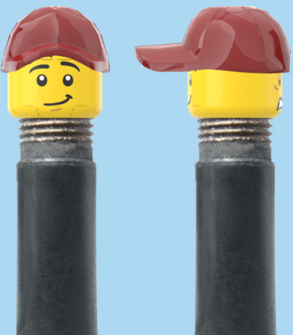 `A NEW ITEM  -  Brick Caps - Schrader Valve - 2 Face Head (Worried Look & Half Smile) with a Red Cap