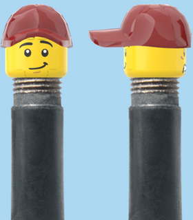 `A NEW ITEM  -  Brick Caps - Schrader Valve - 2 Face Head (Worried Look & Half Smile) with a Red Cap