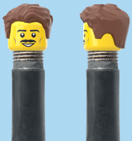 `A NEW ITEM  -  Brick Caps - Schrader Valve - 1 Face Head (Moustache Smile) with a Styled Brown Hairdo