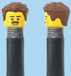 `A NEW ITEM  -  Brick Caps - Schrader Valve - 1 Face Head (Moustache Smile) with a Styled Brown Hairdo