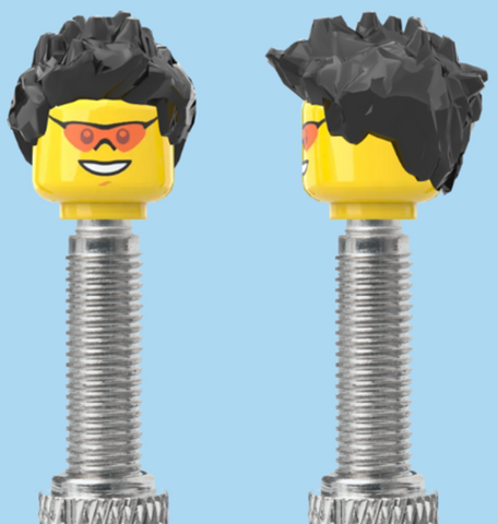`A NEW ITEM  -  Brick Caps - Presta Valve - 1 Face Head (Coloured Sunglasses with a Smile) with a Fully Styled Black Hairdo