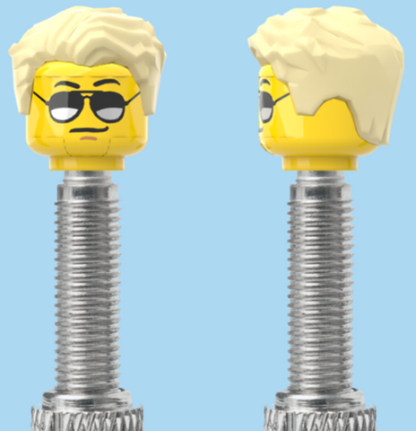 `A NEW ITEM  -  Brick Caps - Presta Valve - 1 Face Head (Moustache with Sunglasses) with a Styled Blonde Hairdo