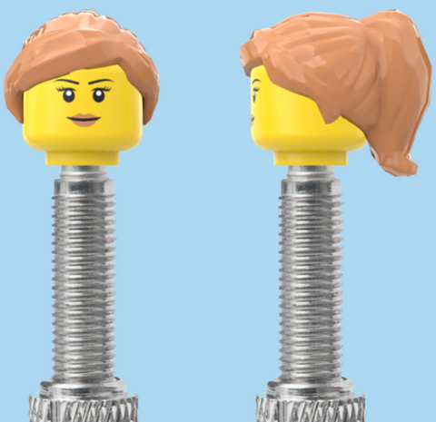 `A NEW ITEM  -  Brick Caps - Presta Valve - 1 Face Head (Simple Smile, Eyelashes & Lipstick) with a Tan Half Pony Hairdo