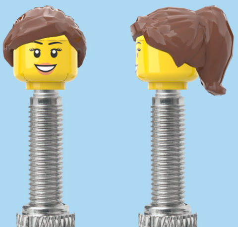 `A NEW ITEM  -  Brick Caps - Presta Valve - 1 Face Head (Teeth Smile, Eyelashes & Lipstick) with a Brown Half Pony Hairdo