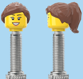 `A NEW ITEM  -  Brick Caps - Presta Valve - 1 Face Head (Teeth Smile, Eyelashes & Lipstick) with a Brown Half Pony Hairdo