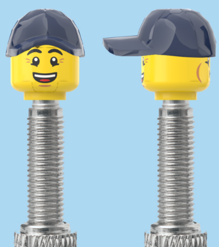 `A NEW ITEM  -  Brick Caps - Presta Valve - 2 Face Head (Bursting Cheeks & Wrinkle Eye Smile) with a Blue Cap
