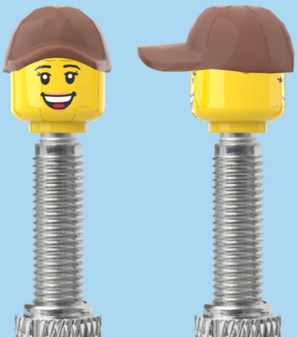 `A NEW ITEM  -  Brick Caps - Presta Valve - 2 Face Head with Freckles & Lipstick (Open Mouth Smile & Closed Eye Smile) with a Brown Cap