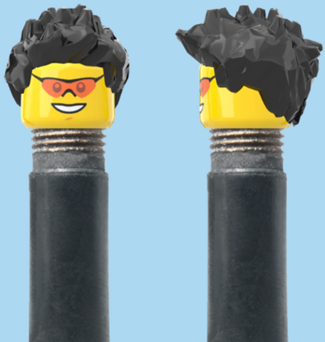 `A NEW ITEM  -  Brick Caps - Schrader Valve - 1 Face Head (Coloured Sunglasses with a Smile) with a Fully Styled Black Hairdo