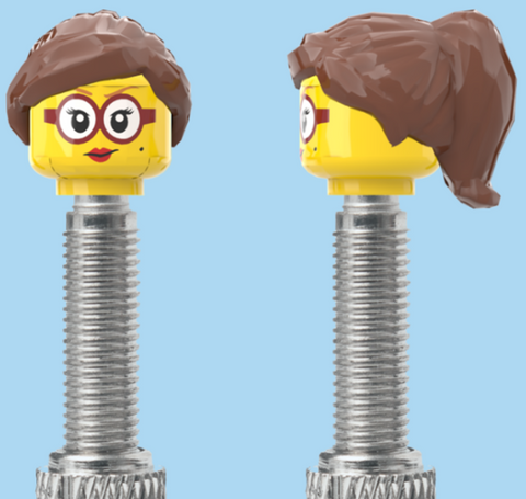 `A NEW ITEM  -  Brick Caps - Presta Valve - 1 Face Head (Red Lipstick & Glasses) with a Brown Half Pony Hairdo