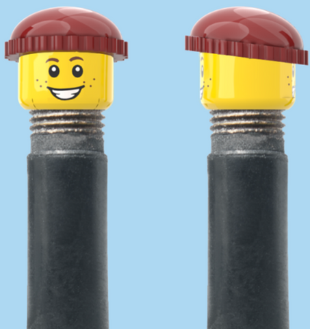`A NEW ITEM  -  Brick Caps - Schrader Valve - 2 Face Head (Freckles Smile & Freckles Worried Look) with a Brown Beanie