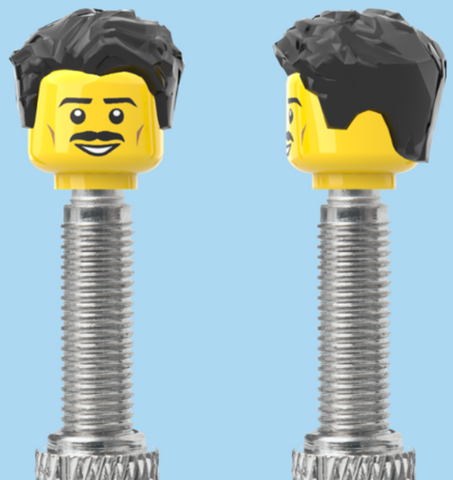`A NEW ITEM  -  Brick Caps - Presta Valve - 1 Face Head (Moustache Smile) with a Styled Black Hairdo