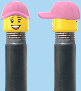 `A NEW ITEM  -  Brick Caps - Schrader Valve - 2 Face Head with Freckles & Lipstick (Open Mouth Smile & Closed Eye Smile) with a Pink Cap