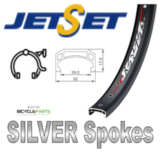 WHEEL - 24" Jetset CH-308A 36H Black Rim,  FRONT Q/R (100mm OLD) 6 Bolt Disc Loose Ball Joytech Black Hub, SILVER Spokes