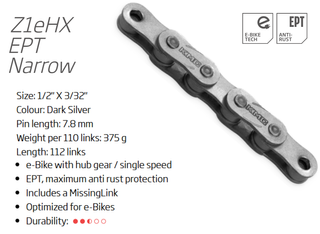 `A NEW ITEM - CHAIN - Single Speed - KMC Z1 eHX - 112L - SILVER - with EPT coating, w/Connect Link - (Ebike Chain, higher pin power for e-Bike torque)