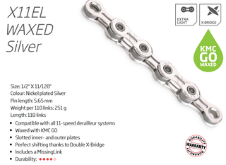 `A NEW ITEM - CHAIN - 11 Speed - KMC X11EL GO WAX - 118L - SILVER - X-Series - w/Connect Link