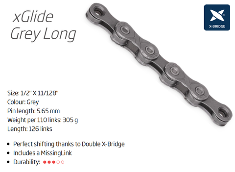 `A NEW ITEM - CHAIN - 9/10/11 CUES - KMC xGLIDE - 126L - GREY - X-Series - w/Connect Link