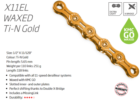 `A NEW ITEM - CHAIN - 11 Speed - KMC X11EL GO WAX - 118L - TI-N GOLD - X-Series - w/Connect Link