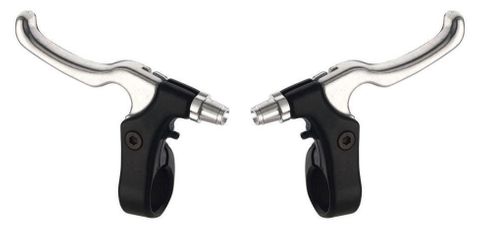 `A NEW ITEM - BRAKE LEVERS - Pair, For Caliper Brake, 2 Finger Type, Alloy, Black bracket and Silver lever. (Sold In Pairs)